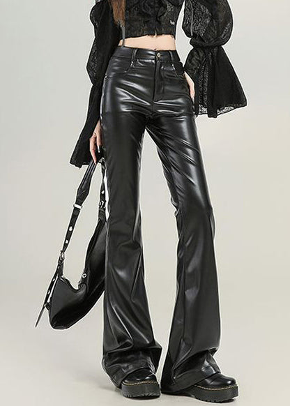 Slim Fit Black Pockets High Waist Faux Leather Flared Trousers Spring