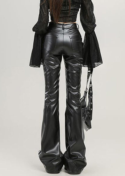 Slim Fit Black Pockets High Waist Faux Leather Flared Trousers Spring