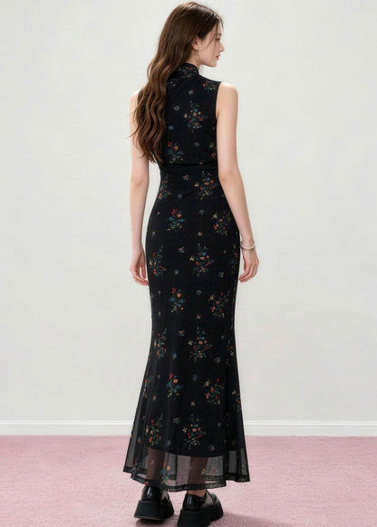 Slim Fit Black Print Hollow Out Tulle Long Dresses Summer