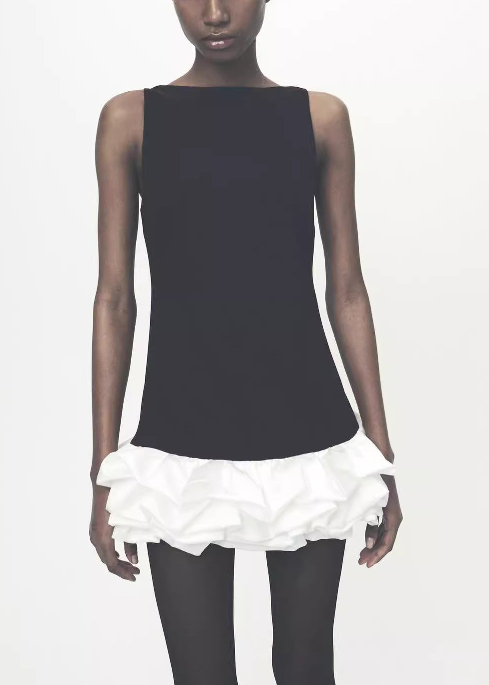 Slim Fit Black Ruffled Patchwork Cotton Mini Dress Sleeveless