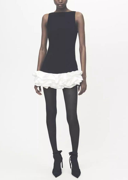 Slim Fit Black Ruffled Patchwork Cotton Mini Dress Sleeveless