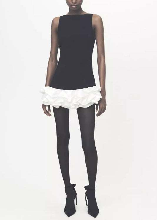 Slim Fit Black Ruffled Patchwork Cotton Mini Dress Sleeveless