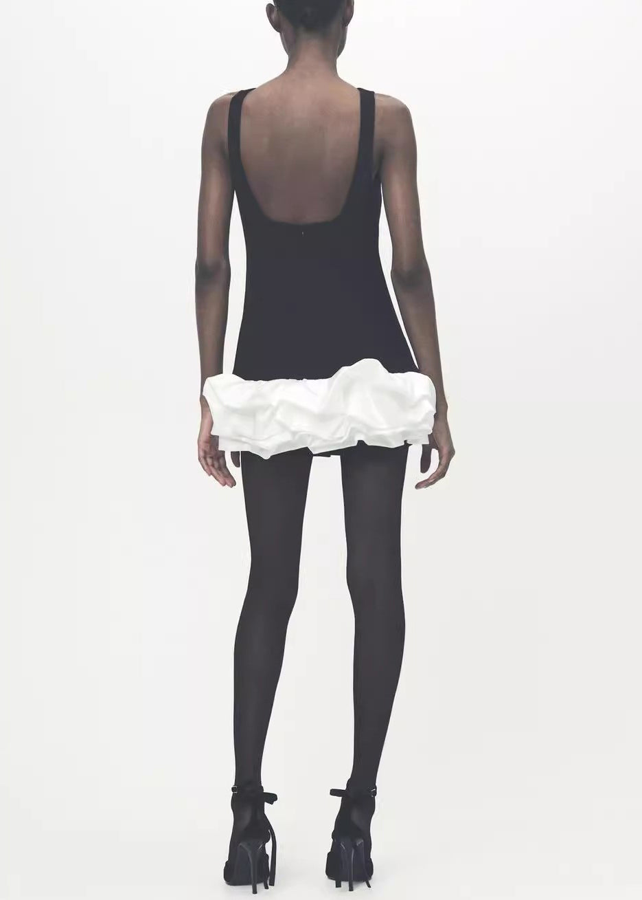 Slim Fit Black Ruffled Patchwork Cotton Mini Dress Sleeveless