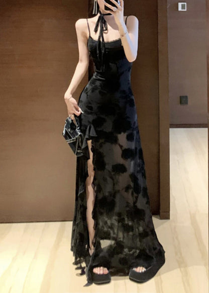Slim Fit Black Ruffled Side Open Lace Long Spaghetti Strap Dress Sleeveless