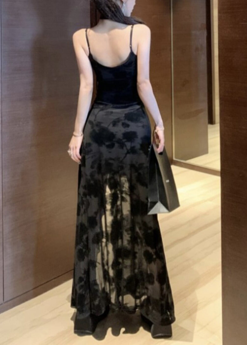 Slim Fit Black Ruffled Side Open Lace Long Spaghetti Strap Dress Sleeveless
