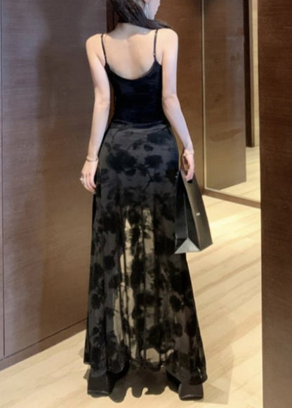 Slim Fit Black Ruffled Side Open Lace Long Spaghetti Strap Dress Sleeveless