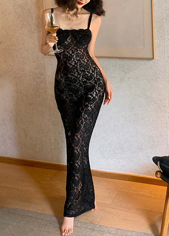 Slim Fit Black Slash Neck Lace Long Spaghetti Strap Dress Summer