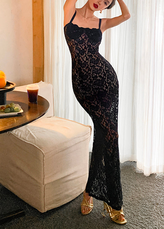 Slim Fit Black Slash Neck Lace Long Spaghetti Strap Dress Summer
