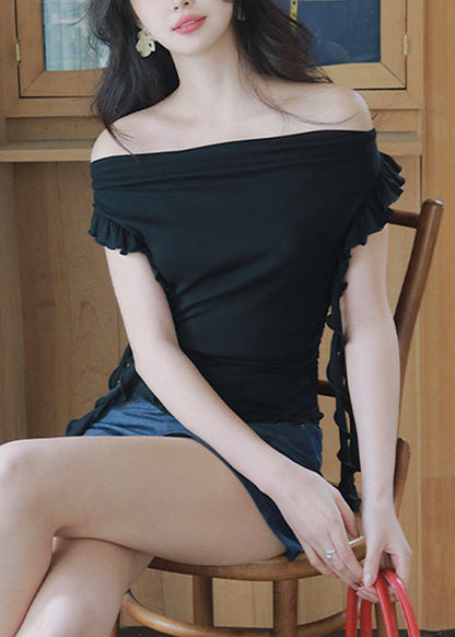 Slim Fit Black Slash Neck Ruffled Cotton T Shirt Summer