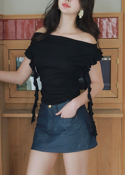 Slim Fit Black Slash Neck Ruffled Cotton T Shirt Summer