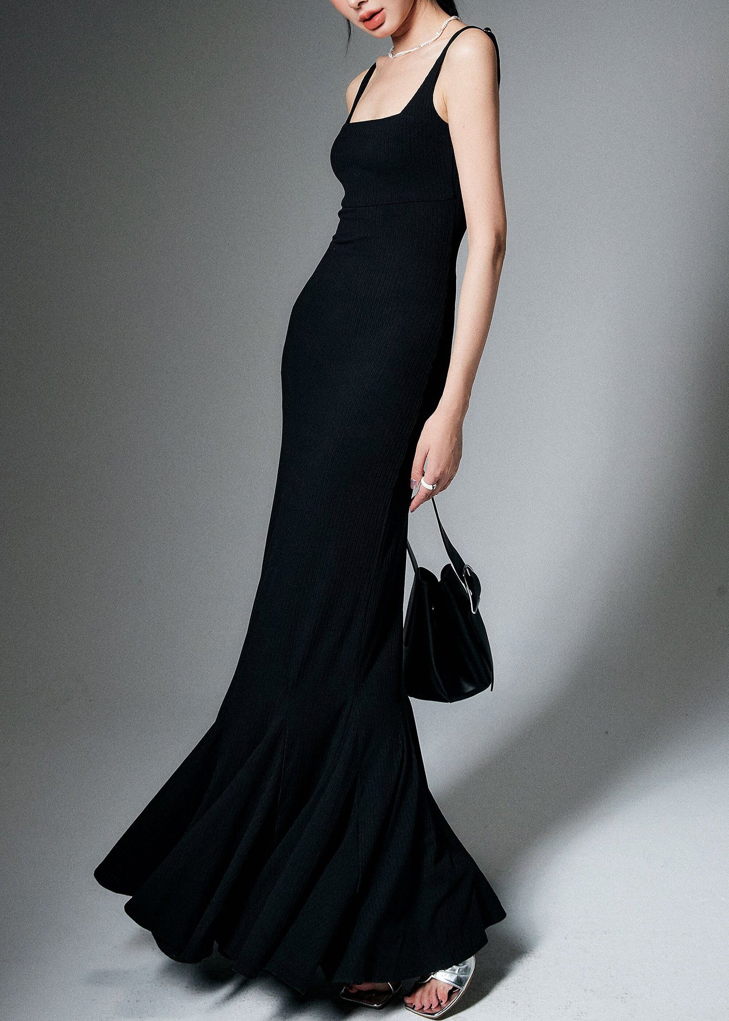 Slim Fit Black Square Collar High Waist Cotton Spaghetti Strap Dress Summer