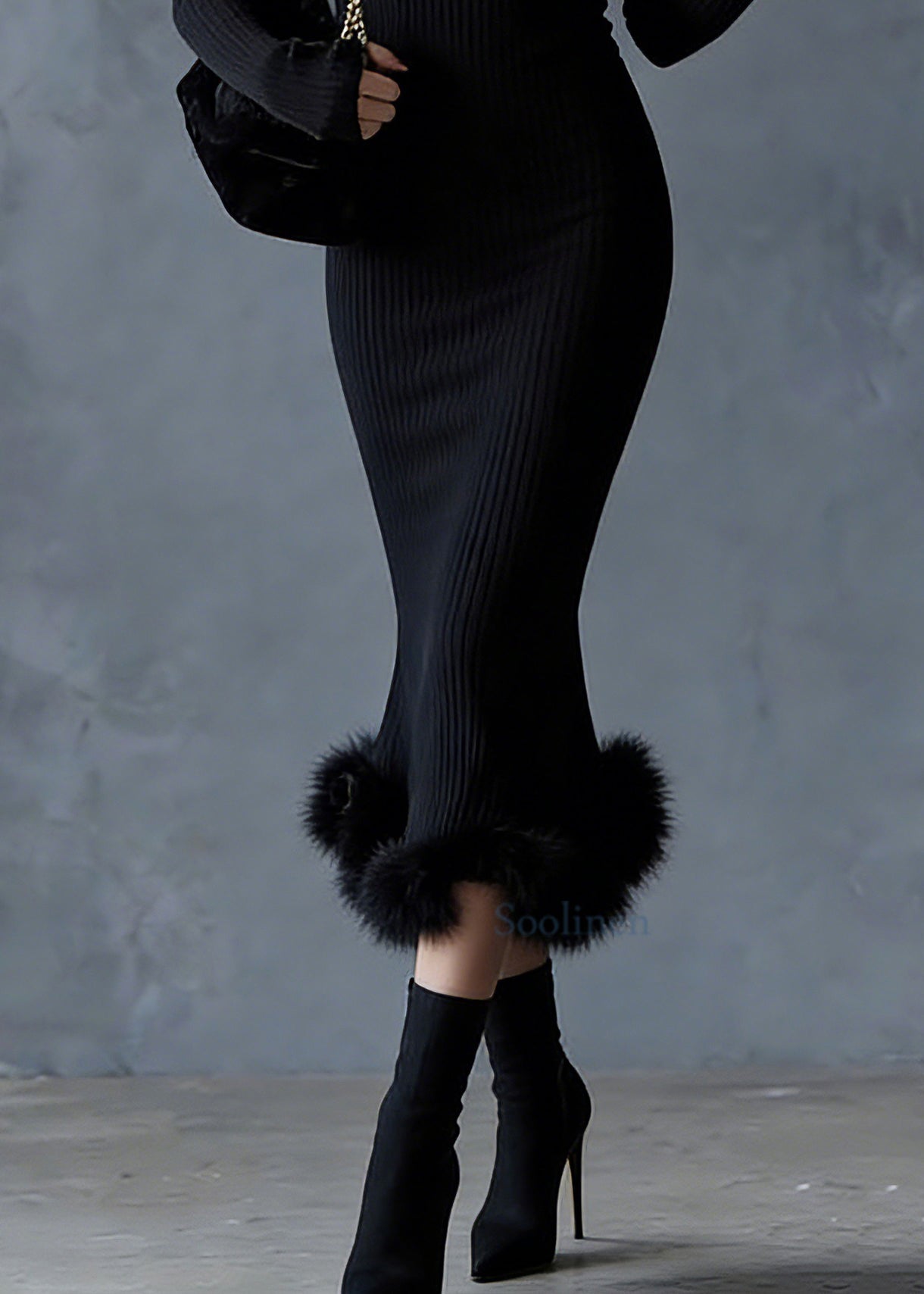 Slim Fit Black Stand Collar Fuzzy Fur Fluffy Patchwork Knit Sweater Dress Spring