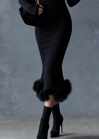 Slim Fit Black Stand Collar Fuzzy Fur Fluffy Patchwork Knit Sweater Dress Spring