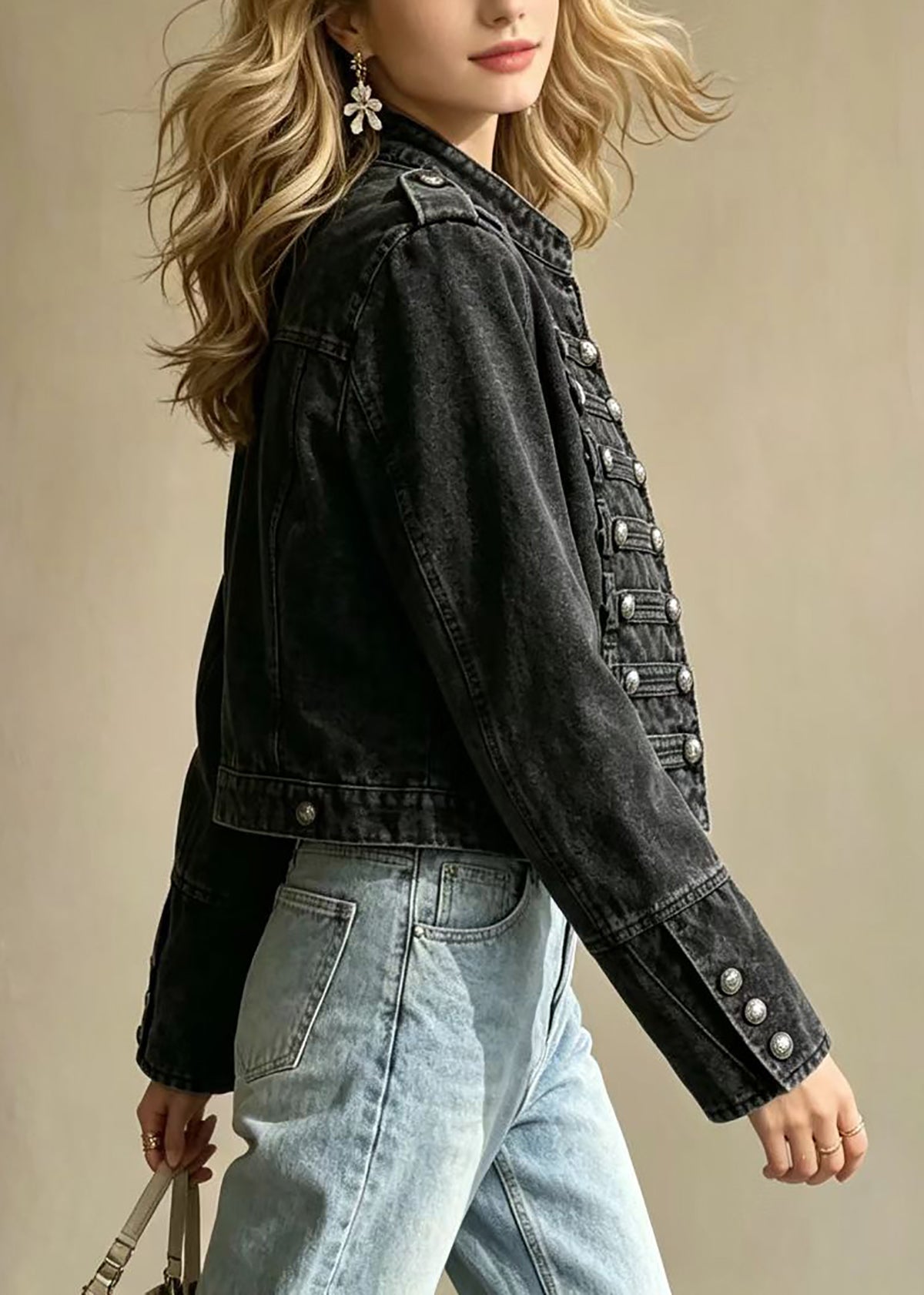 Slim Fit Black Stand Collar Multi-Row Buttons Cropped Denim Jacket Fall