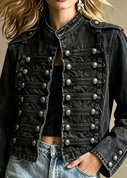 Slim Fit Black Stand Collar Multi-Row Buttons Cropped Denim Jacket Fall