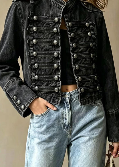 Slim Fit Black Stand Collar Multi-Row Buttons Cropped Denim Jacket Fall