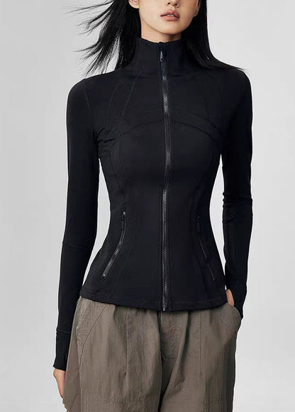 Slim Fit Black Stand Collar Zip Up Long Sleeve Tennis Coats