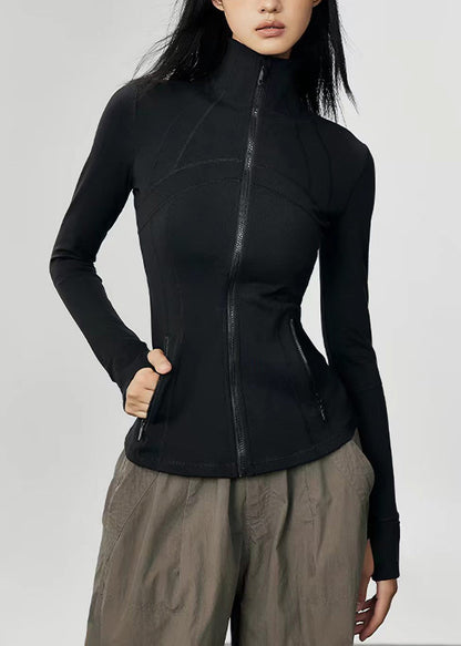 Slim Fit Black Stand Collar Zip Up Long Sleeve Tennis Coats