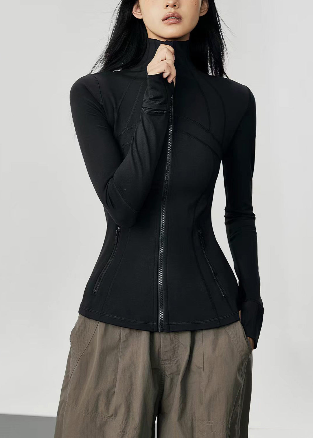 Slim Fit Black Stand Collar Zip Up Long Sleeve Tennis Coats