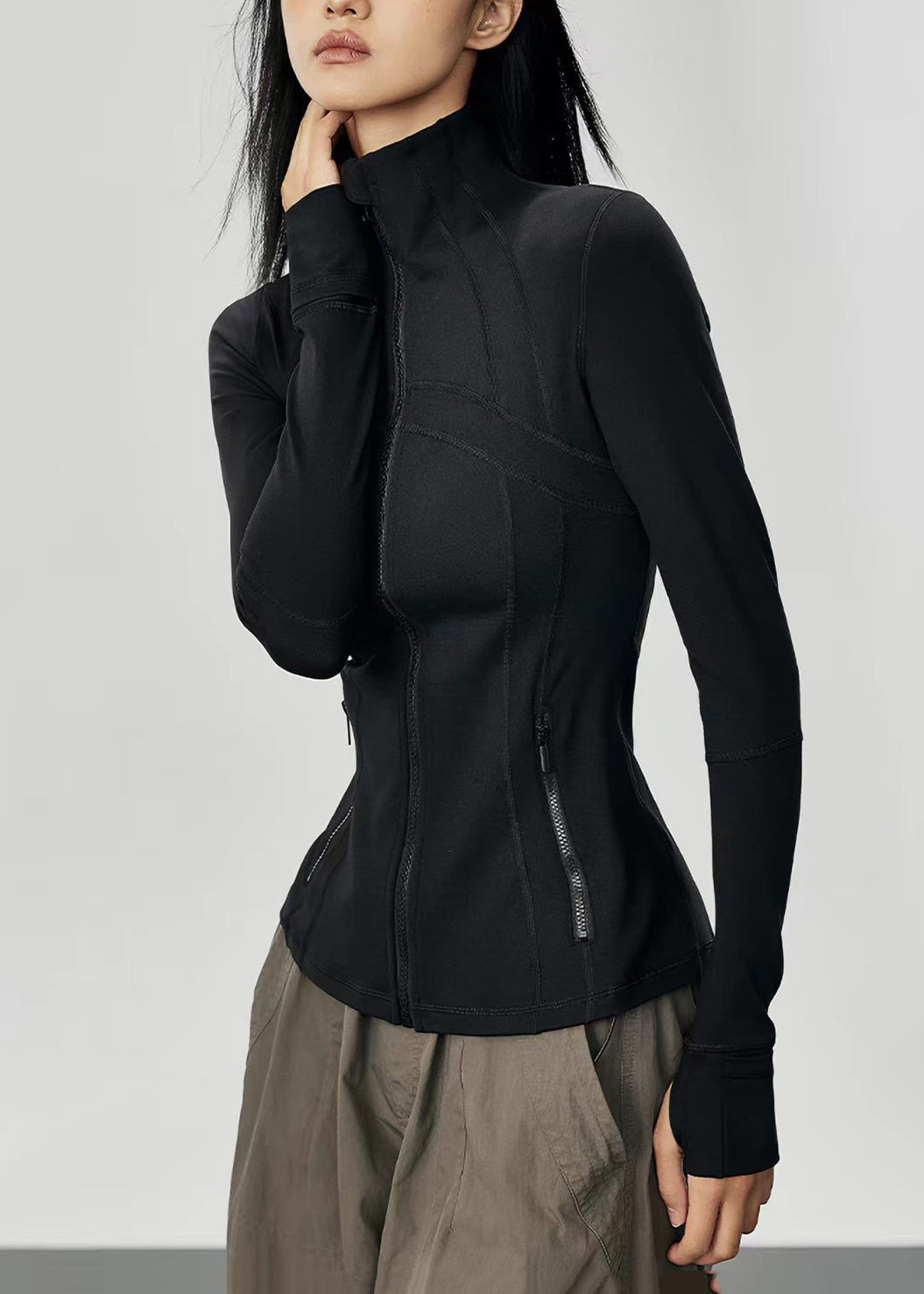 Slim Fit Black Stand Collar Zip Up Long Sleeve Tennis Coats