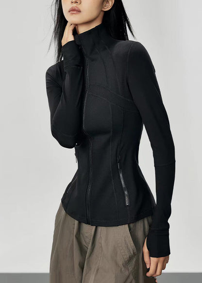 Slim Fit Black Stand Collar Zip Up Long Sleeve Tennis Coats