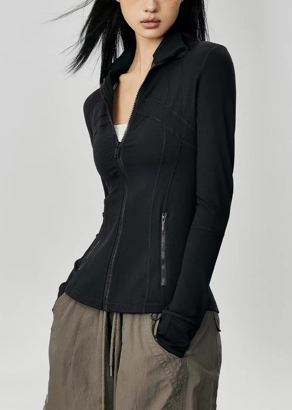 Slim Fit Black Stand Collar Zip Up Long Sleeve Tennis Coats