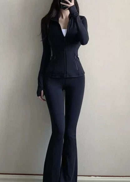 Slim Fit Black Stand Collar Zip Up Long Sleeve Tennis Sportswear Two Piece Set
