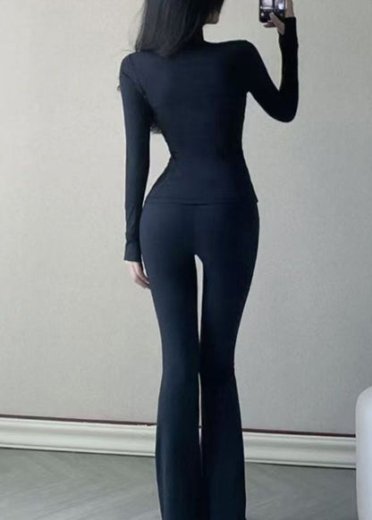 Slim Fit Black Stand Collar Zip Up Long Sleeve Tennis Sportswear Two Piece Set