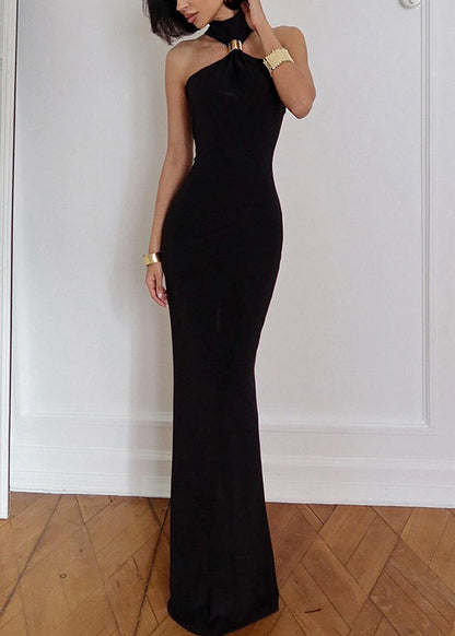 Slim Fit Black Turtleneck Side Open Cotton Long Dress Sleeveless