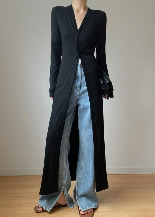 Slim Fit Black V Neck Button Knit Long Cardigans Spring