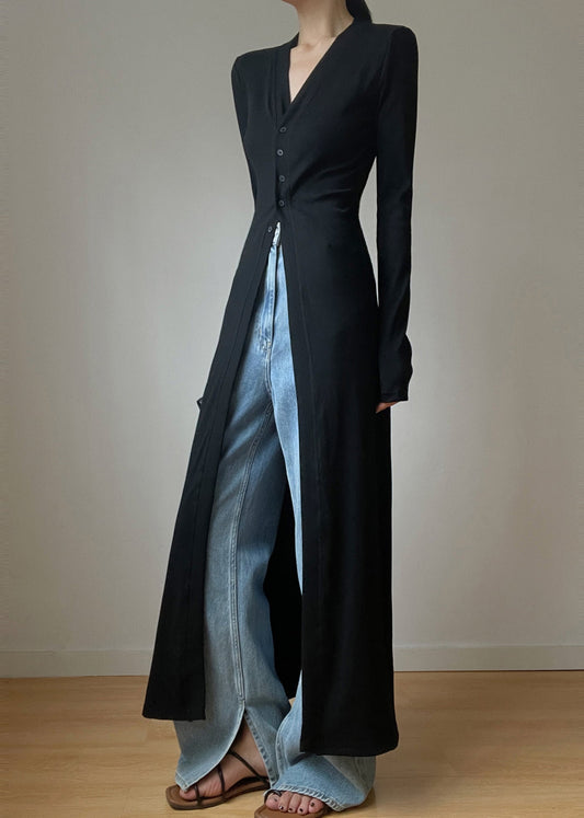 Slim Fit Black V Neck Button Knit Long Cardigans Spring