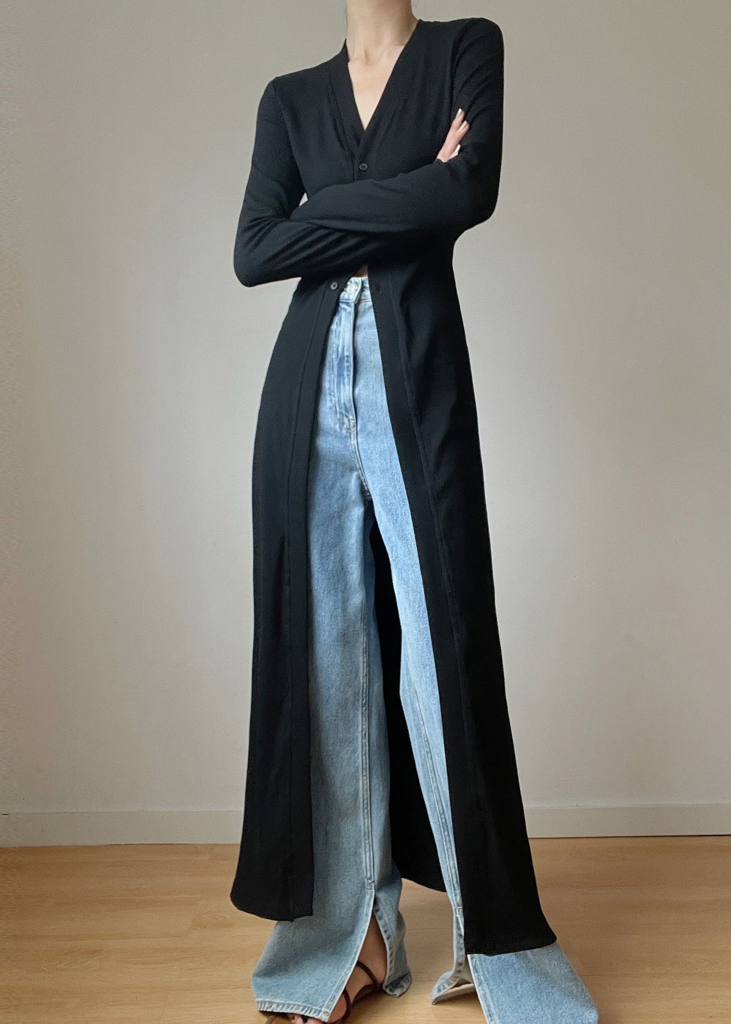 Slim Fit Black V Neck Button Knit Long Cardigans Spring