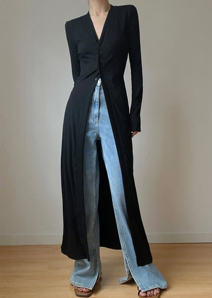 Slim Fit Black V Neck Button Knit Long Cardigans Spring