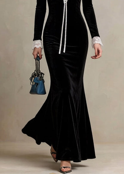 Slim Fit Black V Neck Lace Patchwork Cotton Fish Tail Dress Spring