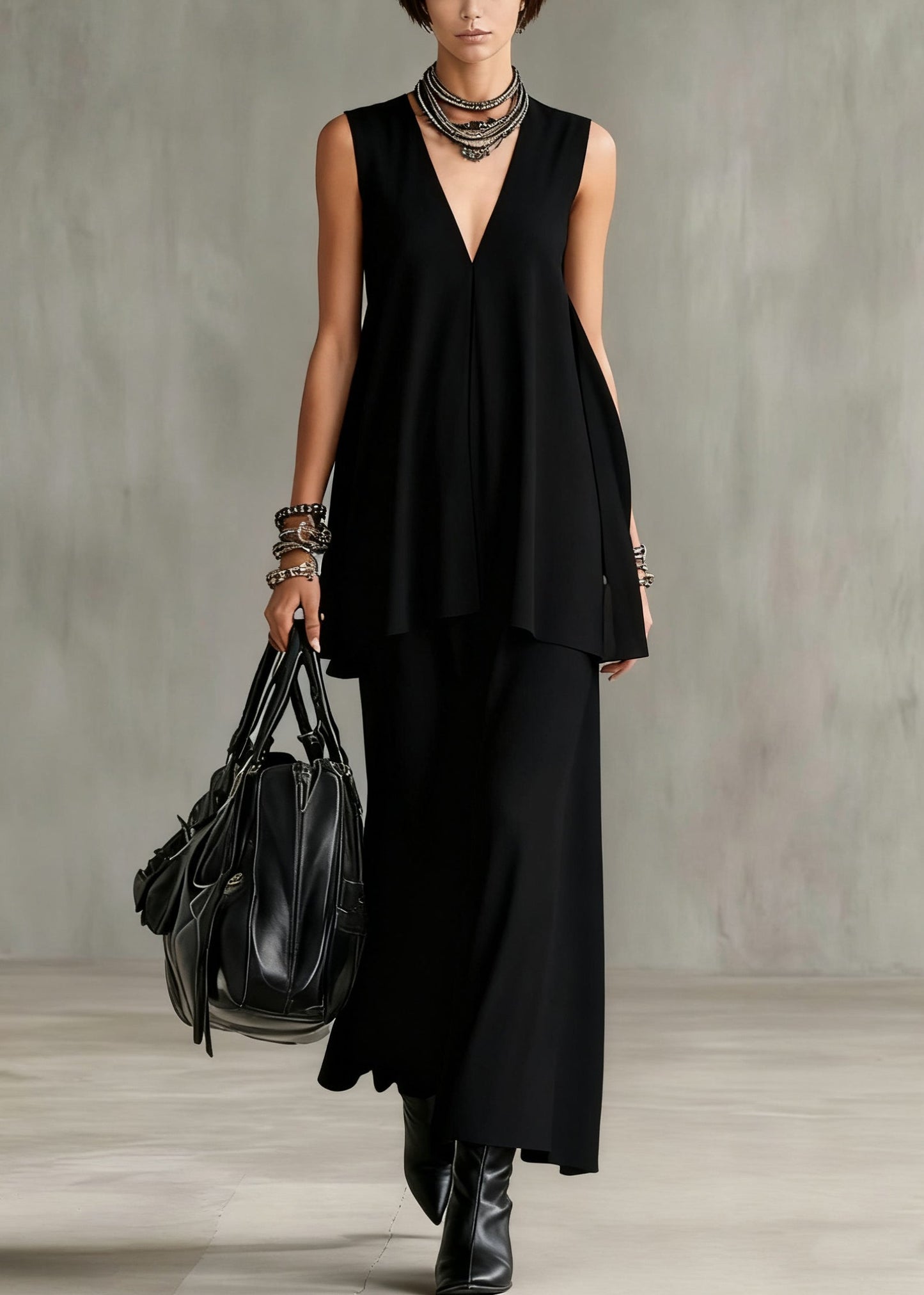 Slim Fit Black V Neck Solid Tops And Skirts Cotton Two Pieces Set Sleeveless