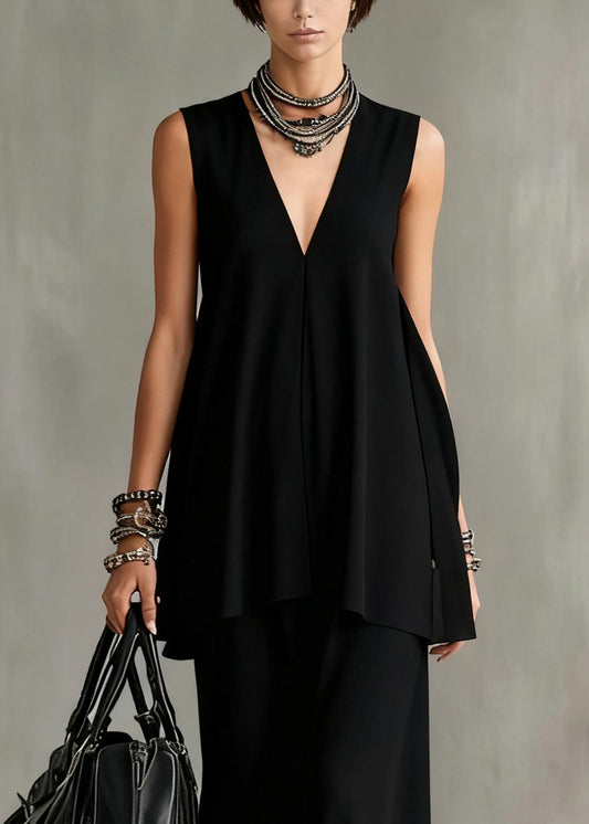 Slim Fit Black V Neck Solid Tops And Skirts Cotton Two Pieces Set Sleeveless