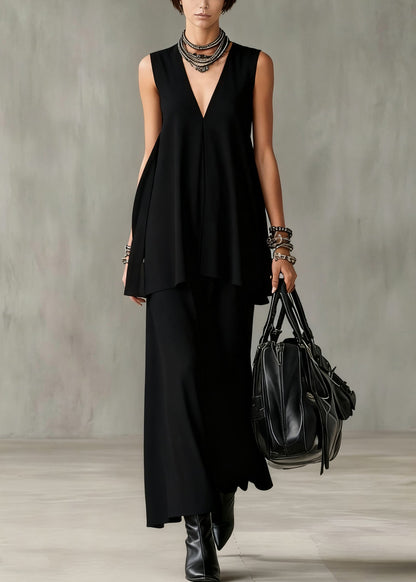 Slim Fit Black V Neck Solid Tops And Skirts Cotton Two Pieces Set Sleeveless