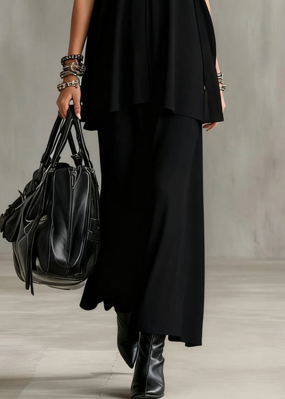 Slim Fit Black V Neck Solid Tops And Skirts Cotton Two Pieces Set Sleeveless