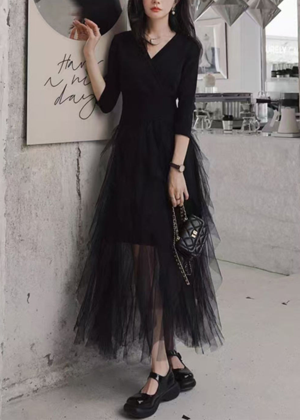 Slim Fit Black V Neck Tulle Patchwork Long Dresses Bracelet Sleeve