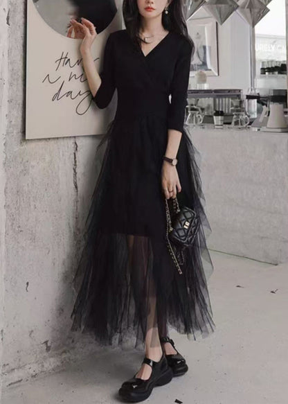 Slim Fit Black V Neck Tulle Patchwork Long Dresses Bracelet Sleeve