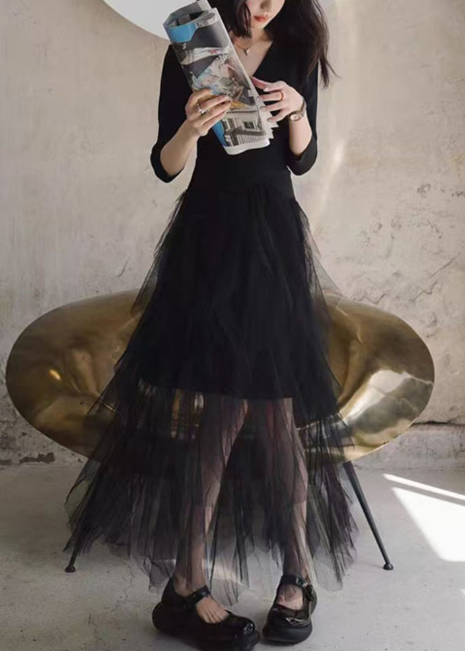 Slim Fit Black V Neck Tulle Patchwork Long Dresses Bracelet Sleeve