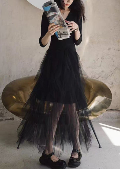 Slim Fit Black V Neck Tulle Patchwork Long Dresses Bracelet Sleeve