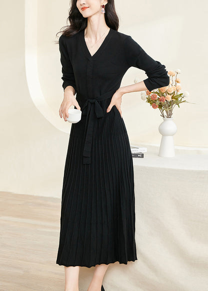 Slim Fit Black V Neck Wrinkled Tie Waist Knit Long Dress Fall