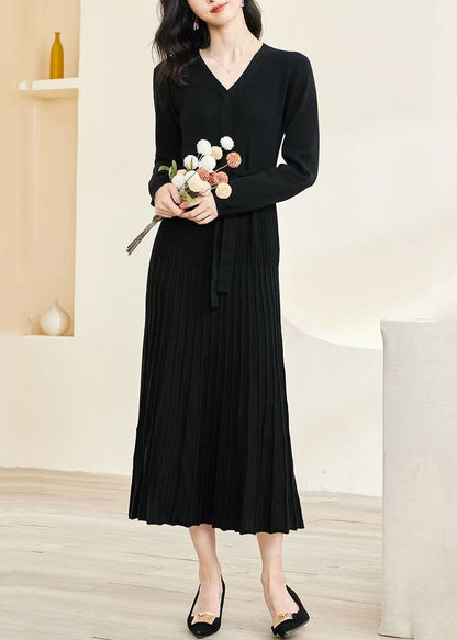 Slim Fit Black V Neck Wrinkled Tie Waist Knit Long Dress Fall