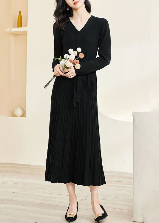 Slim Fit Black V Neck Wrinkled Tie Waist Knit Long Dress Fall