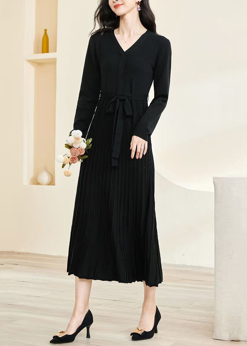 Slim Fit Black V Neck Wrinkled Tie Waist Knit Long Dress Fall