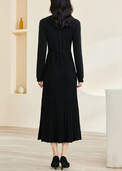 Slim Fit Black V Neck Wrinkled Tie Waist Knit Long Dress Fall