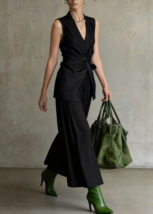 Slim Fit Black Wrinkled Front Open Tops And Wide Leg Pants Two Piece Set Sleeveless