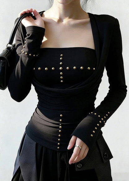 Slim Fit Black Wrinkled Nail Bead Cotton T Shirt Spring