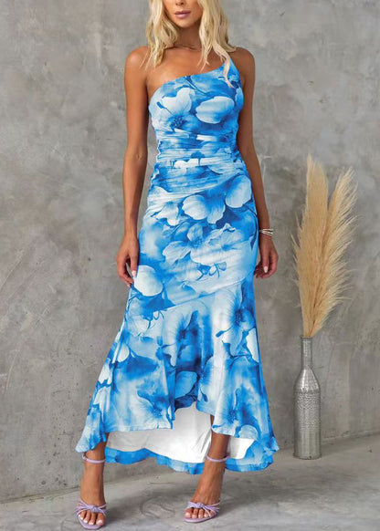 Slim Fit Blue Asymmetrical Print Cotton Long Dress Sleeveless